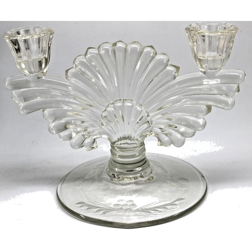 Vintage Art Deco Glass Double Two Candle Holder Elegant Centerpiece 1930s-5.75